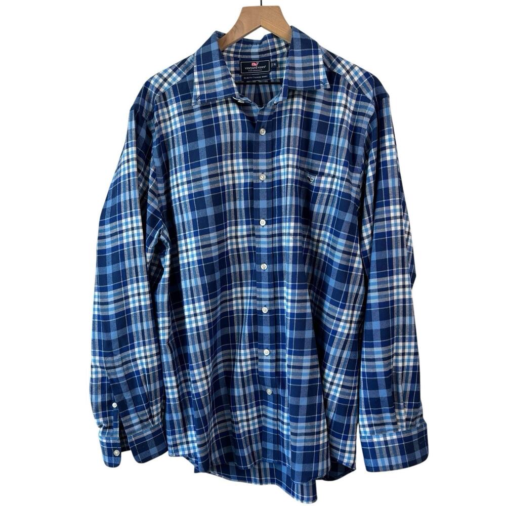 Vineyard‎ Vines Mens Shirt XL Blue Buffalo Plaid Performance Slim Fit Tucker